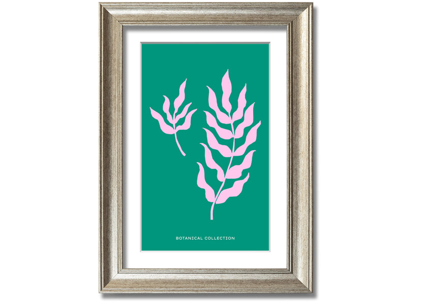 Framed print of Bohemian Leaves on a vibrant green background, showcasing intricate leaf designs, available in various frame colors.