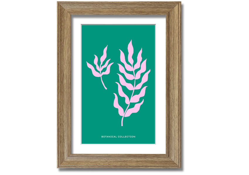 Framed print of Bohemian Leaves on a vibrant green background, showcasing intricate leaf designs, available in various frame colors.