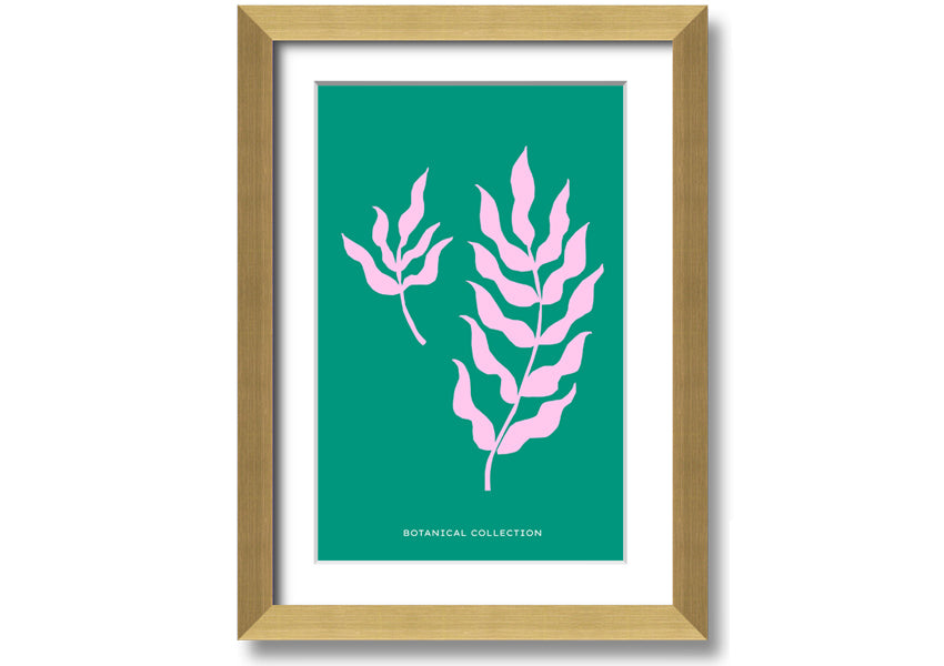 Framed print of Bohemian Leaves on a vibrant green background, showcasing intricate leaf designs, available in various frame colors.