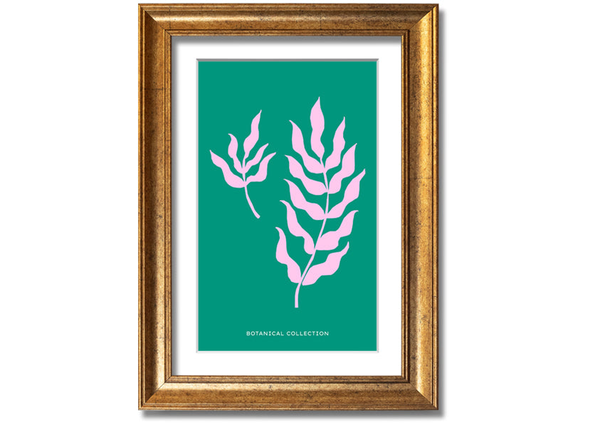 Framed print of Bohemian Leaves on a vibrant green background, showcasing intricate leaf designs, available in various frame colors.