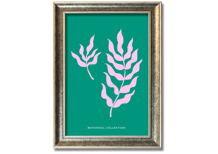 Framed print of Bohemian Leaves on a vibrant green background, showcasing intricate leaf designs, available in various frame colors.