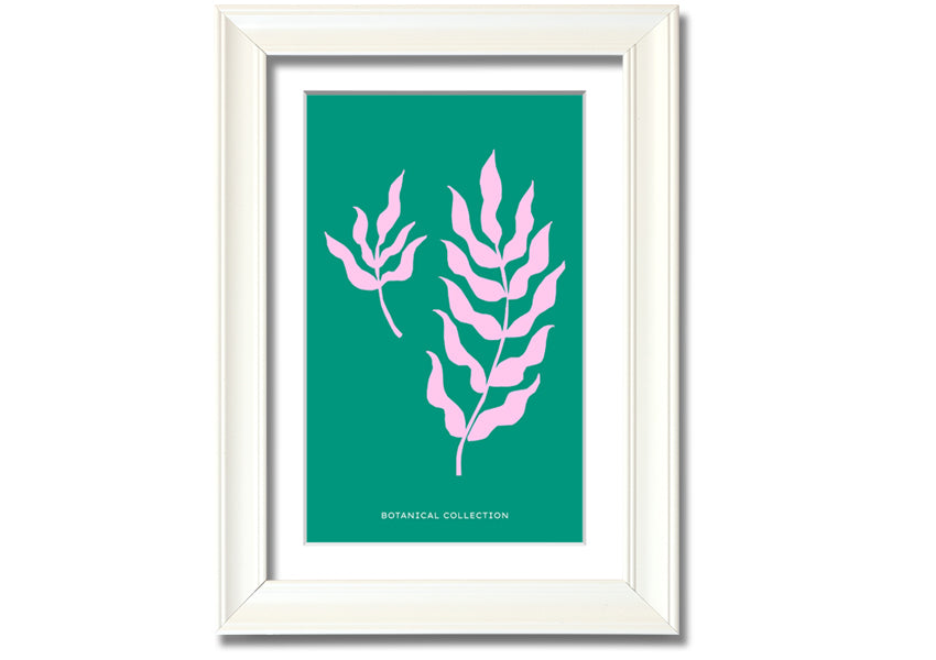 Framed print of Bohemian Leaves on a vibrant green background, showcasing intricate leaf designs, available in various frame colors.