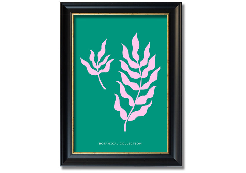 Framed print of Bohemian Leaves on a vibrant green background, showcasing intricate leaf designs, available in various frame colors.