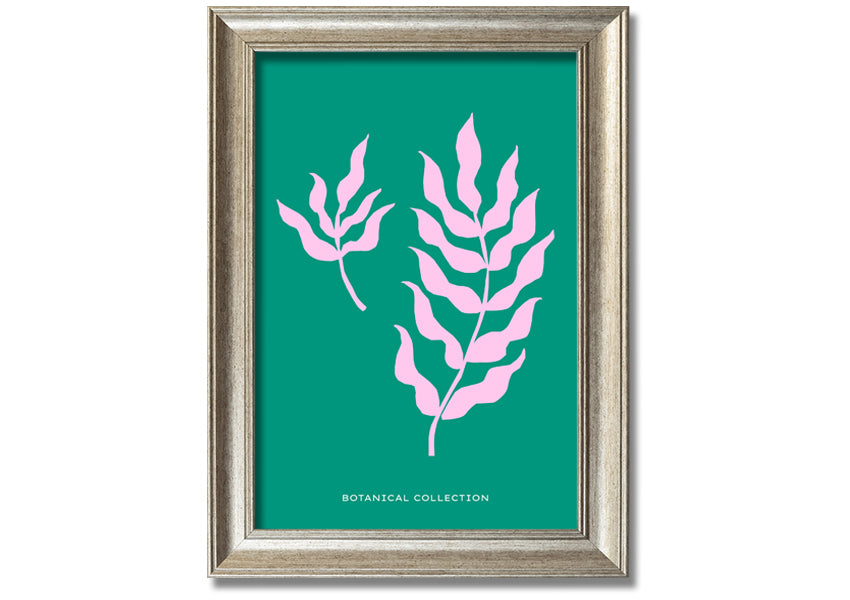 Framed print of Bohemian Leaves on a vibrant green background, showcasing intricate leaf designs, available in various frame colors.