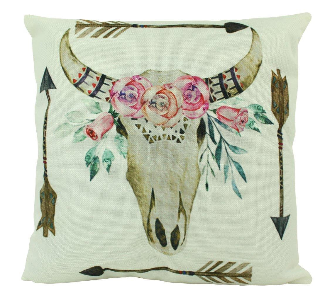 Boho Bull Skull and Arrows pillow cover featuring floral designs and concealed zipper, handmade in America.