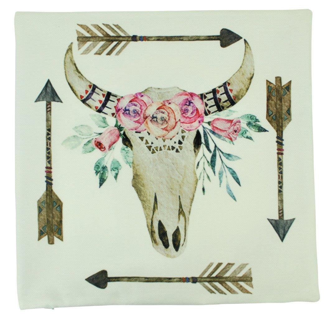 Boho Bull Skull and Arrows pillow cover featuring floral designs and concealed zipper, handmade in America.