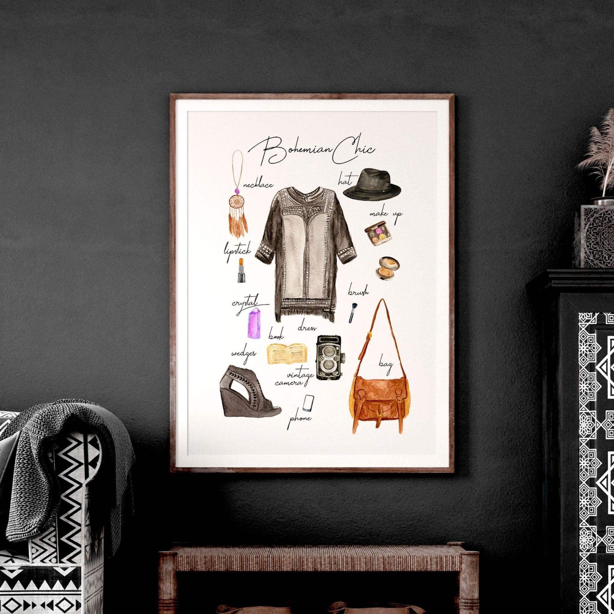 A stylish Boho wall art print featuring vibrant colors and bohemian fashion elements, perfect for home decoration.