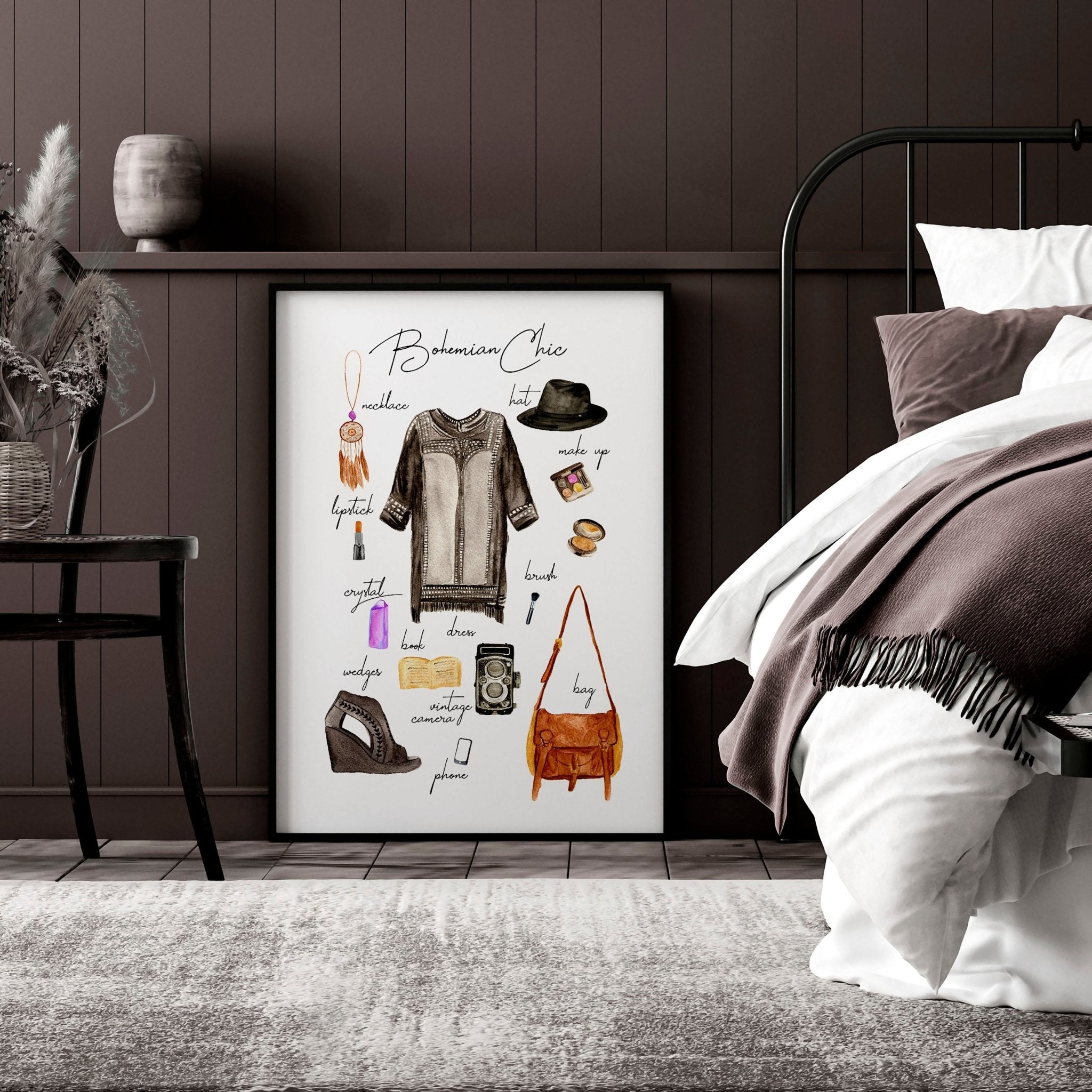 A stylish Boho wall art print featuring vibrant colors and bohemian fashion elements, perfect for home decoration.