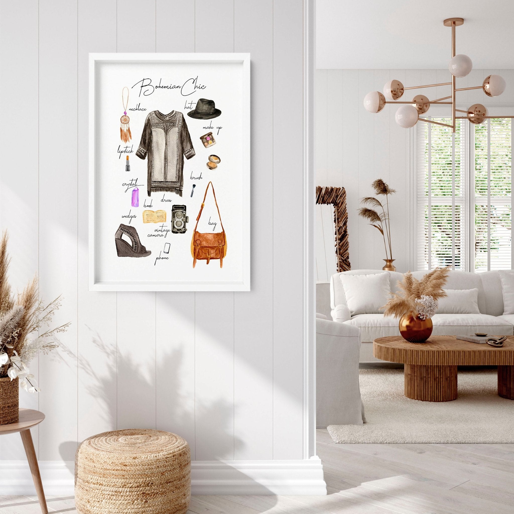 A stylish Boho wall art print featuring vibrant colors and bohemian fashion elements, perfect for home decoration.