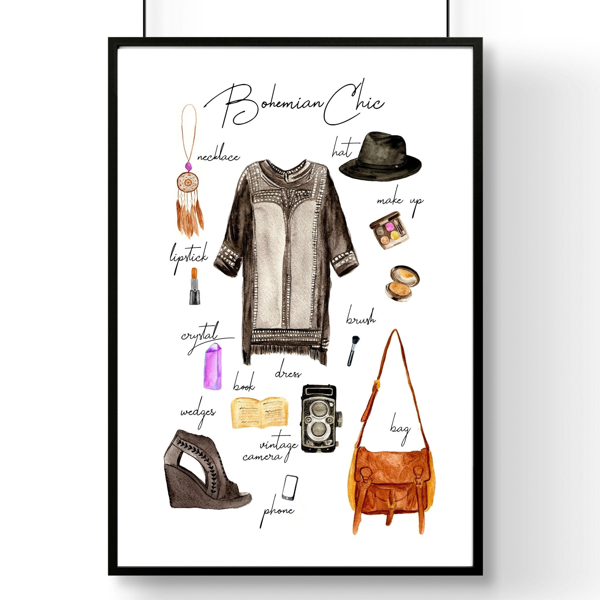 A stylish Boho wall art print featuring vibrant colors and bohemian fashion elements, perfect for home decoration.