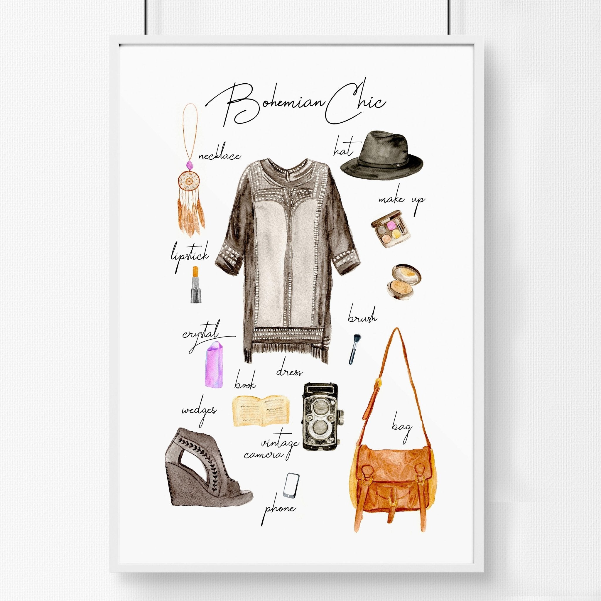 A stylish Boho wall art print featuring vibrant colors and bohemian fashion elements, perfect for home decoration.