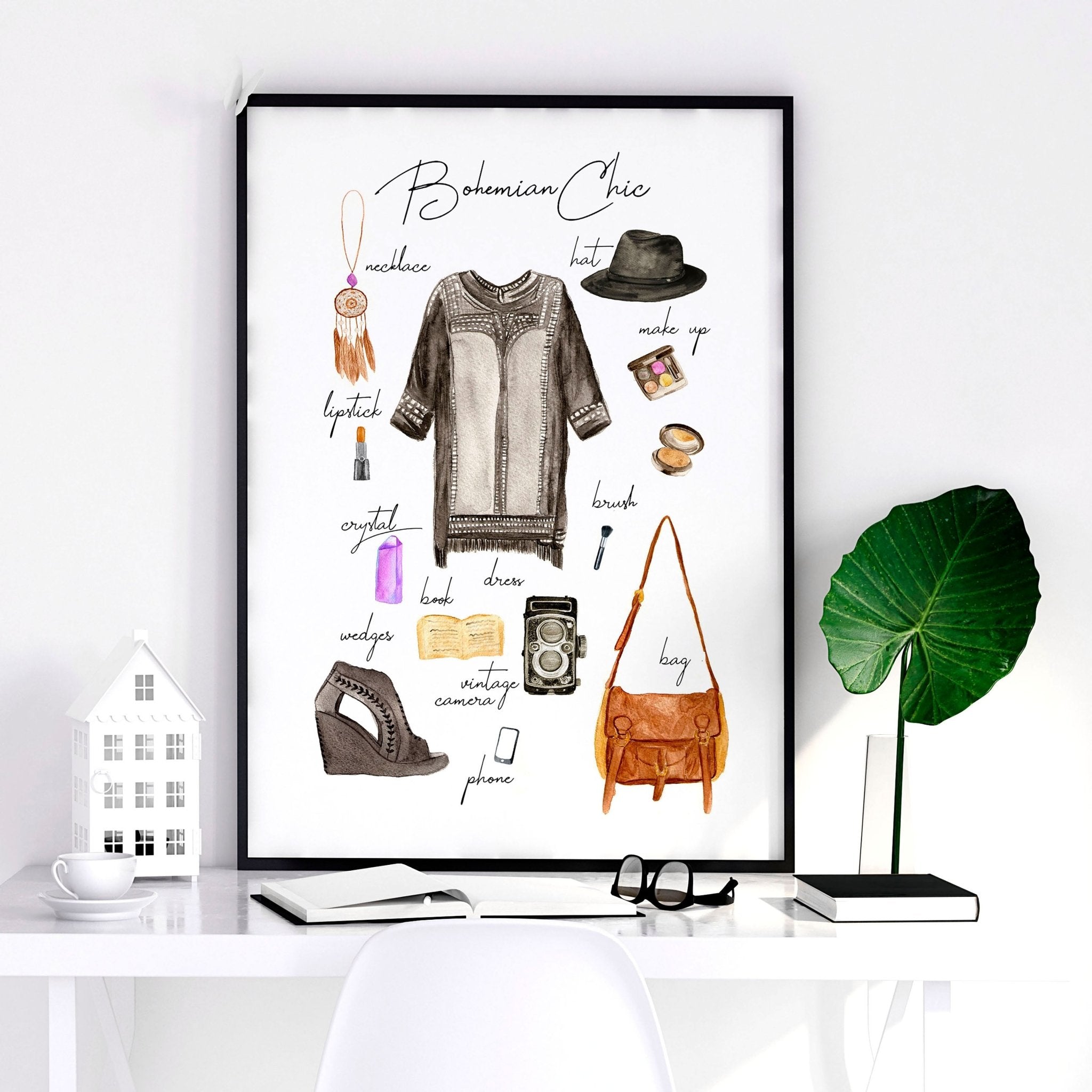 A stylish Boho wall art print featuring vibrant colors and bohemian fashion elements, perfect for home decoration.