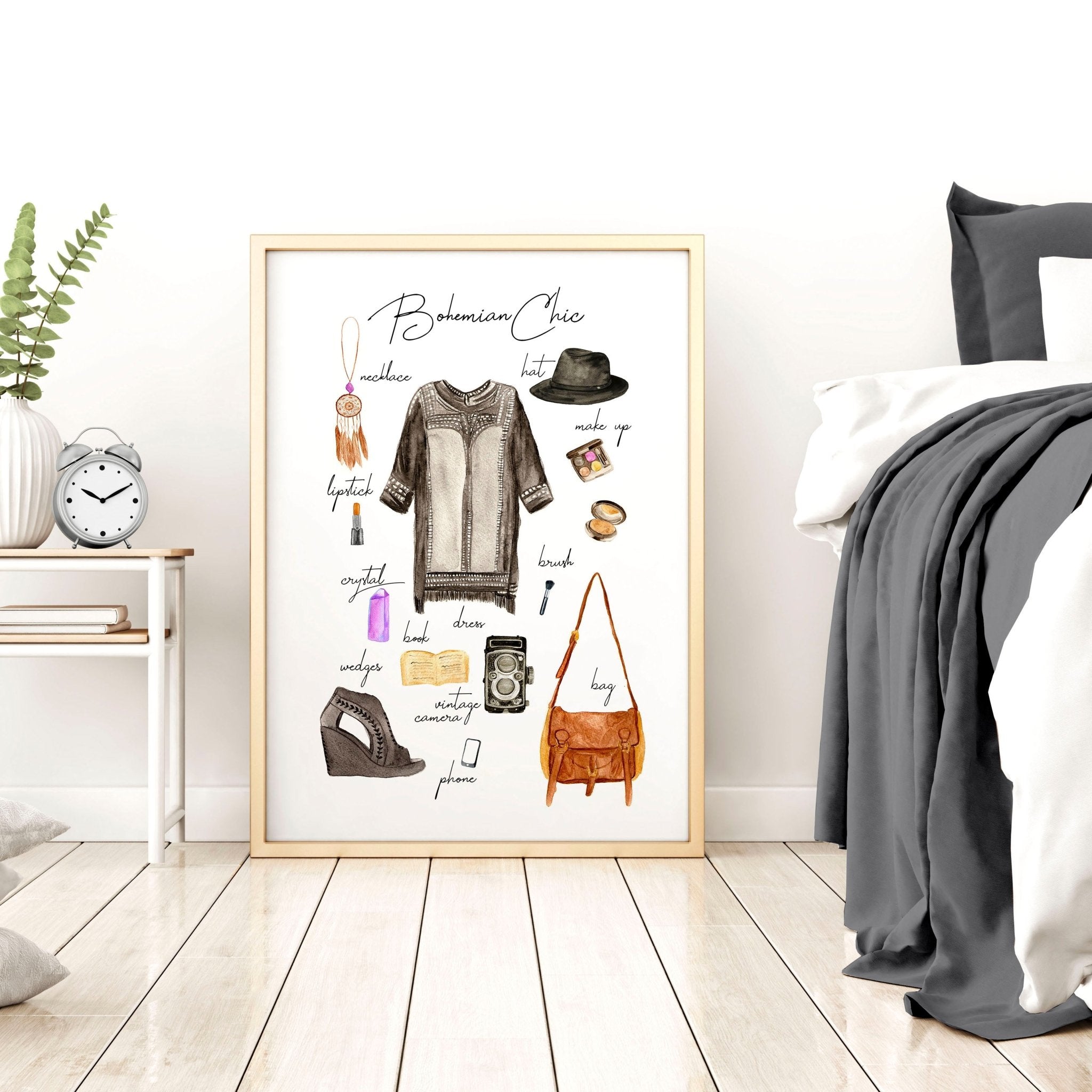 A stylish Boho wall art print featuring vibrant colors and bohemian fashion elements, perfect for home decoration.