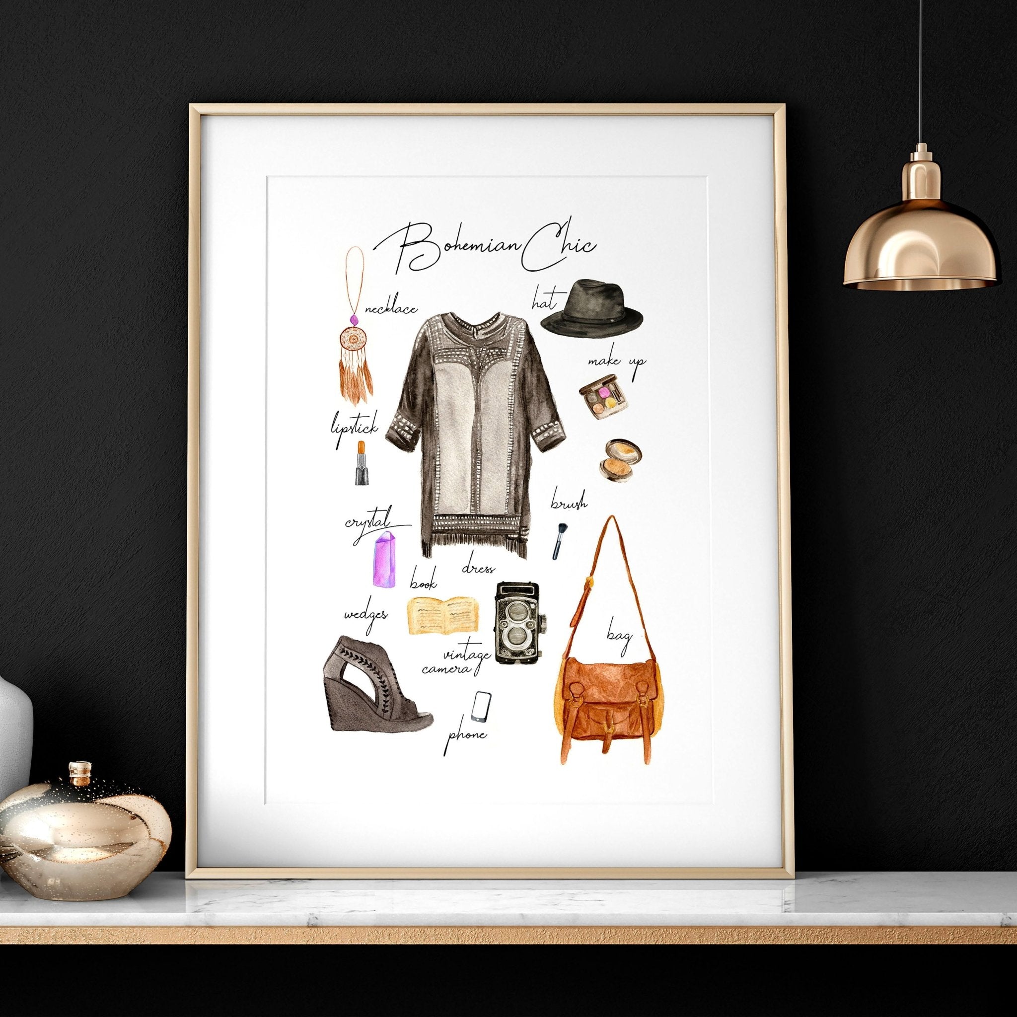 A stylish Boho wall art print featuring vibrant colors and bohemian fashion elements, perfect for home decoration.