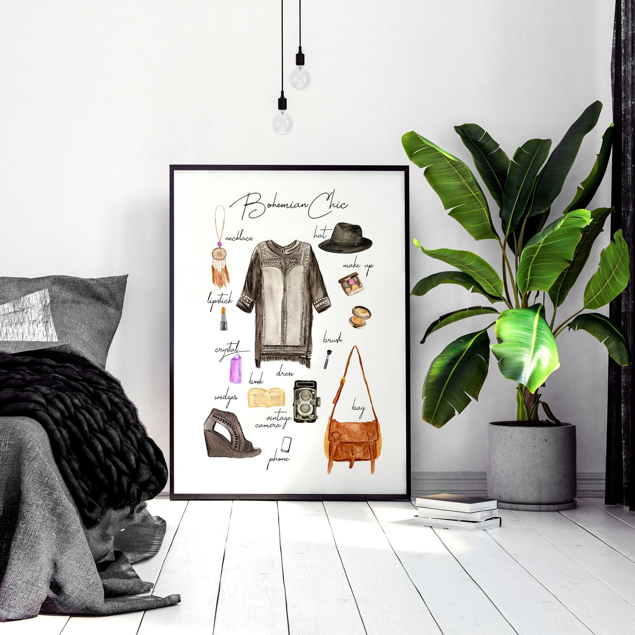 A stylish Boho wall art print featuring vibrant colors and bohemian fashion elements, perfect for home decoration.