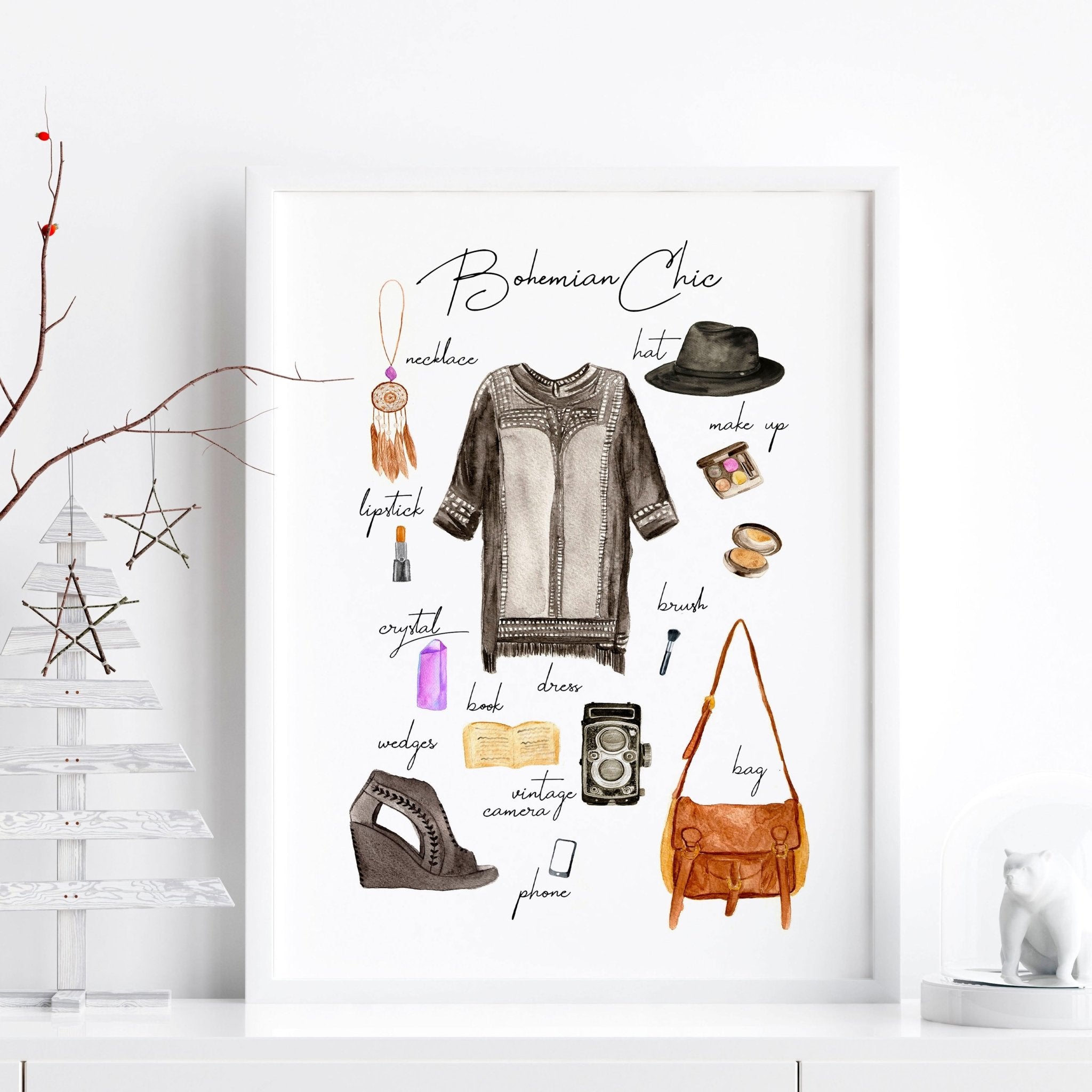 A stylish Boho wall art print featuring vibrant colors and bohemian fashion elements, perfect for home decoration.