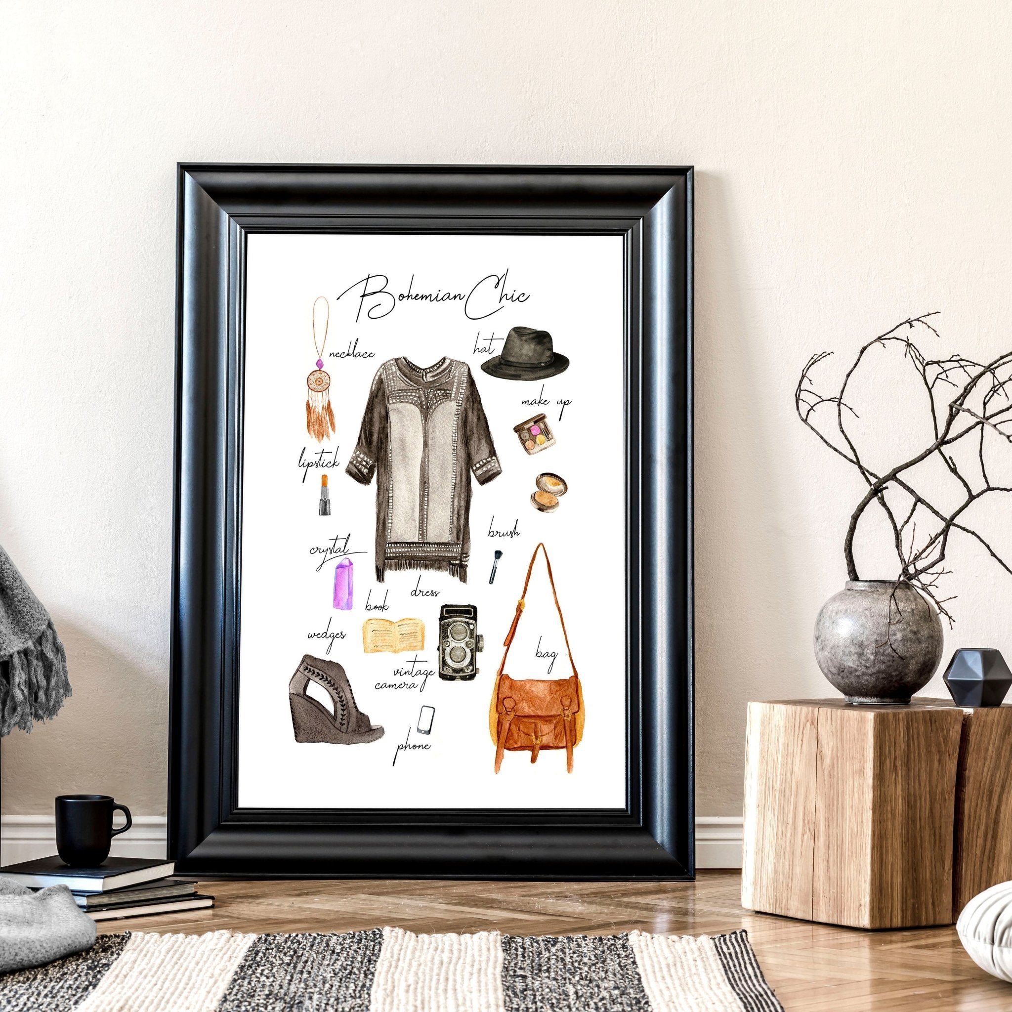 A stylish Boho wall art print featuring vibrant colors and bohemian fashion elements, perfect for home decoration.