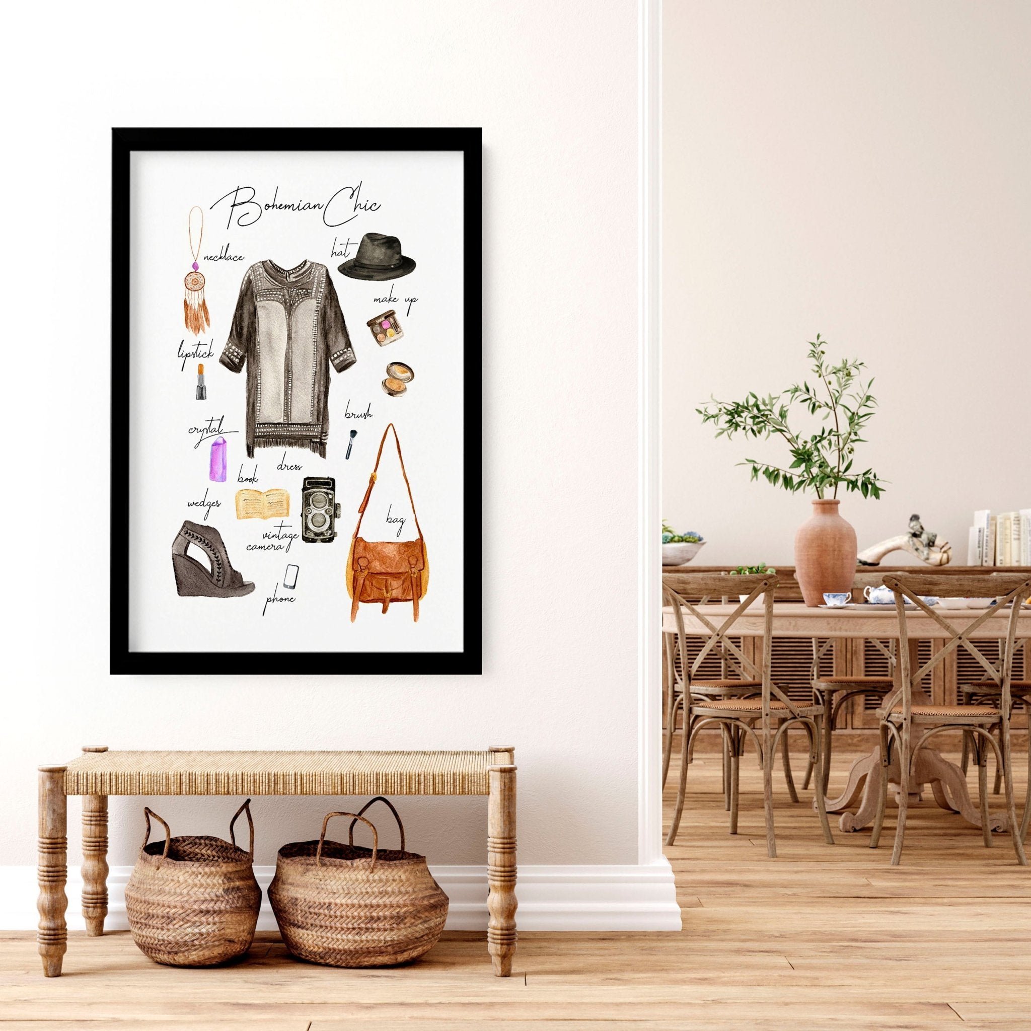 A stylish Boho wall art print featuring vibrant colors and bohemian fashion elements, perfect for home decoration.