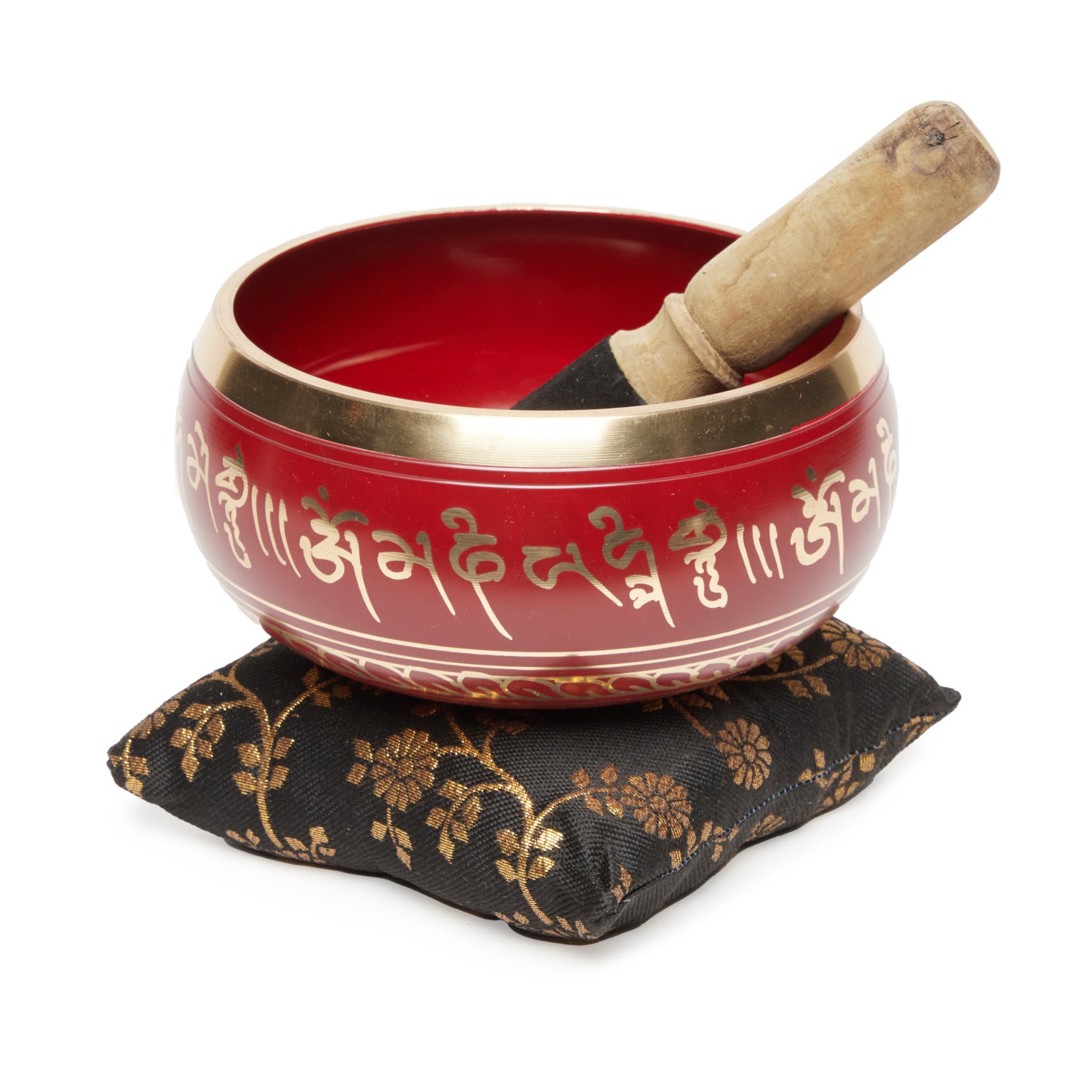 Bol tibétain rouge avec le mantra Om Mani Padme Hum, fabriqué en cuivre et alliages, idéal pour méditation et yoga.