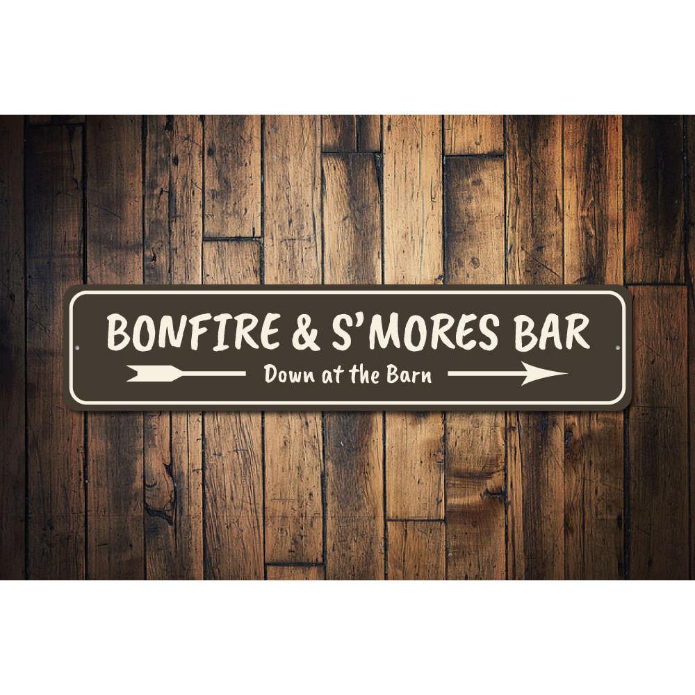 A customizable Bonfire Sign made of high-quality aluminum, featuring a rustic design suitable for indoor and outdoor decor.