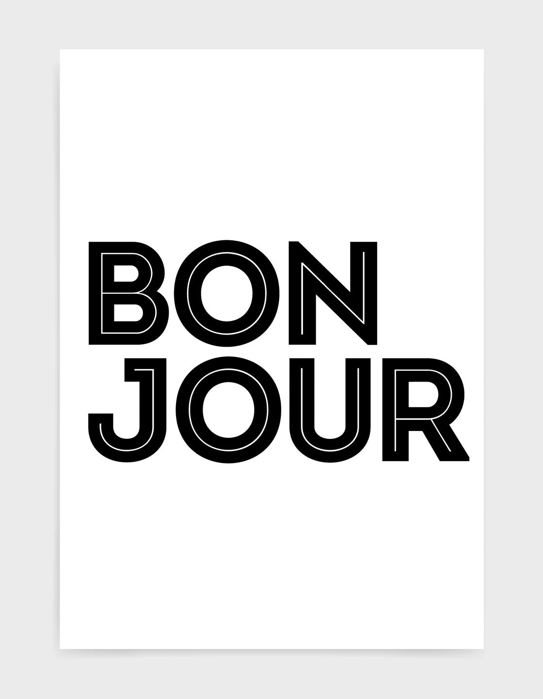 Black and white 'Bonjour' typography wall art print showcasing modern Scandinavian design.