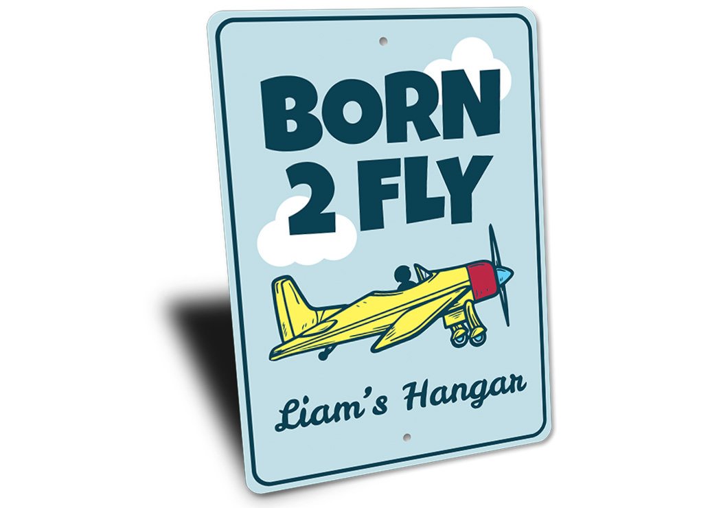 Born 2 Fly Kid's Room Sign made of aluminum, featuring vibrant colors and customizable text, perfect for children's room decor.