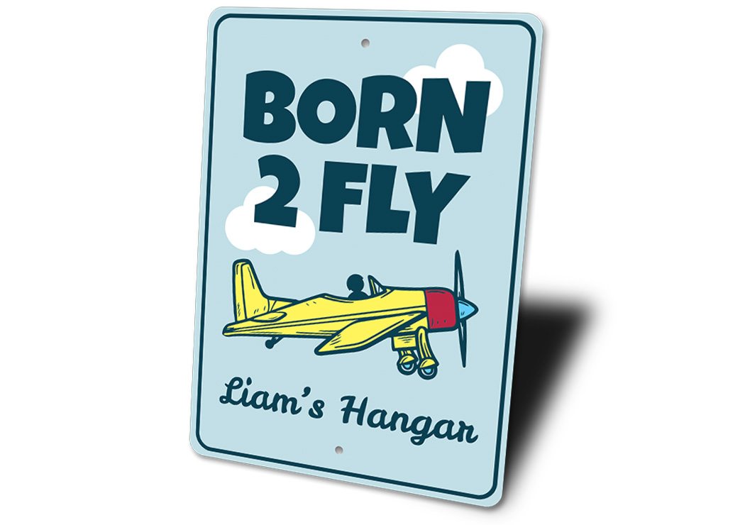 Born 2 Fly Kid's Room Sign made of aluminum, featuring vibrant colors and customizable text, perfect for children's room decor.