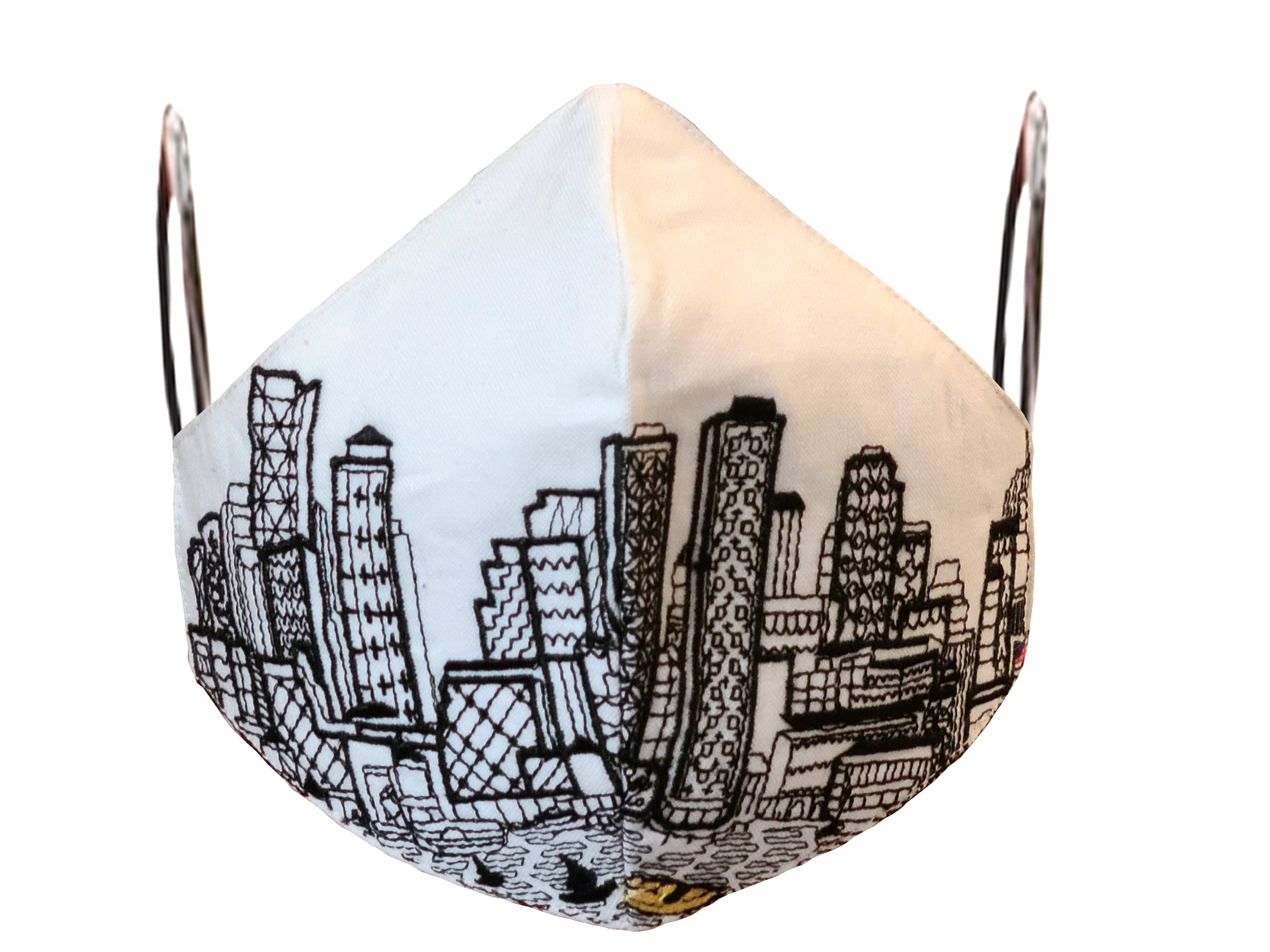 BOSTON EMBROIDERED SKYLINE FACE MASK featuring a detailed skyline design on linen/cotton fabric with soft cotton lining.