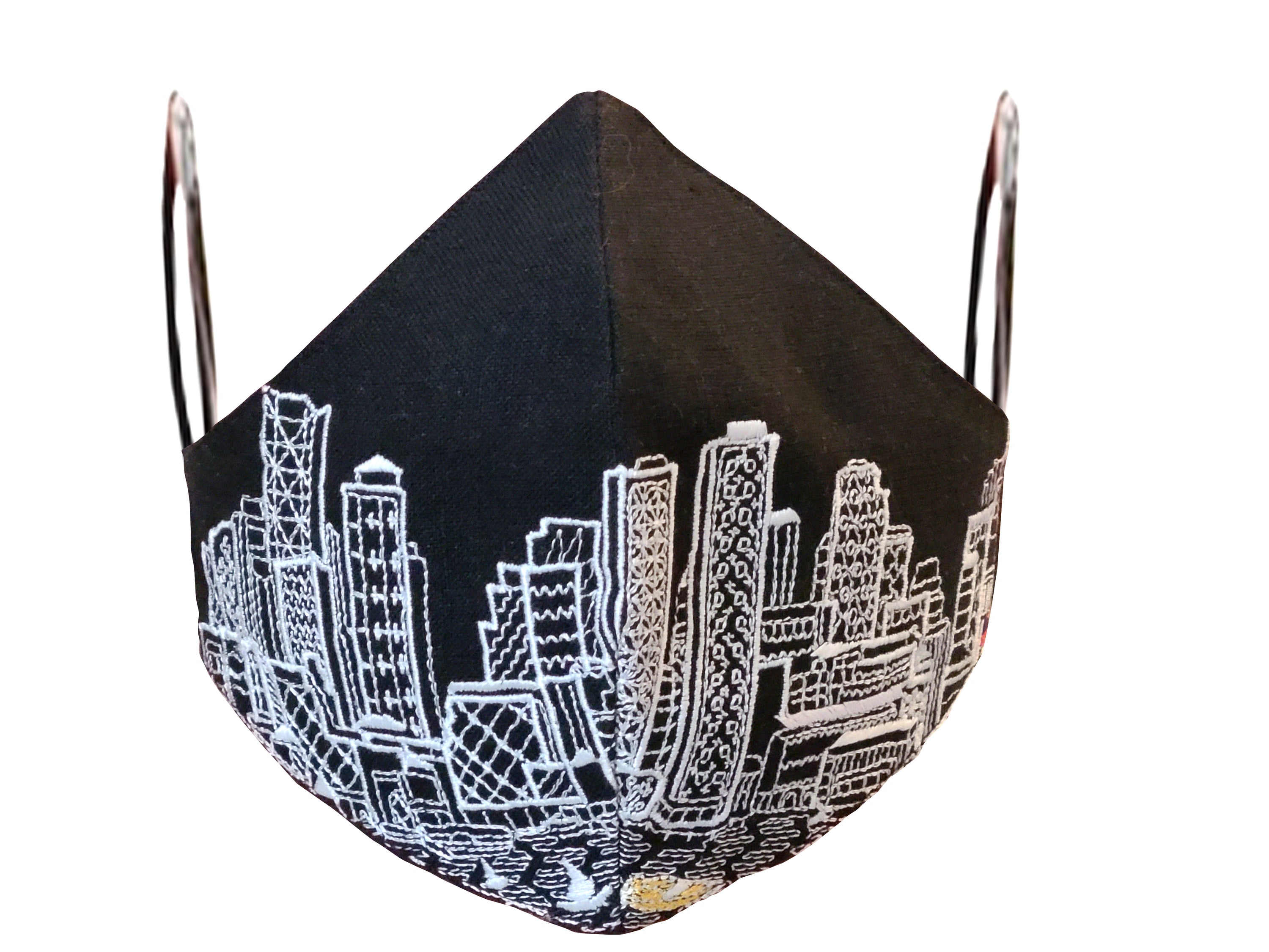 BOSTON EMBROIDERED SKYLINE FACE MASK featuring a detailed skyline design on linen/cotton fabric with soft cotton lining.