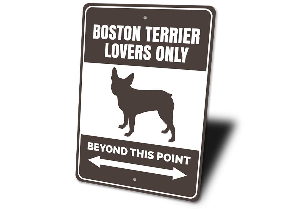 A decorative Boston Terrier sign made of aluminum, featuring a charming design perfect for home decor.