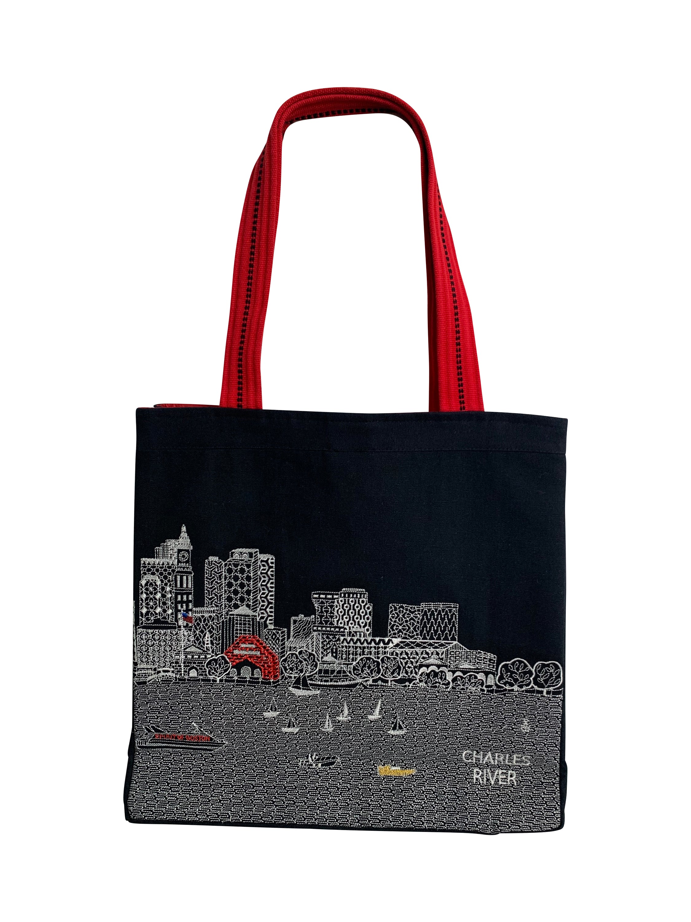 Boston Tote Bag featuring an embroidered skyline design, available in cream and black with red waterproof lining and ribbed straps.