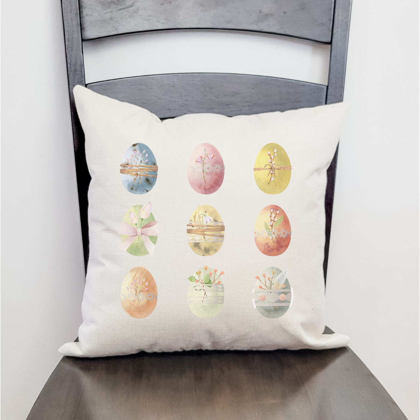 Botanical Eggs Pillow Cover featuring floral designs on a soft linen fabric, perfect for Spring decor.