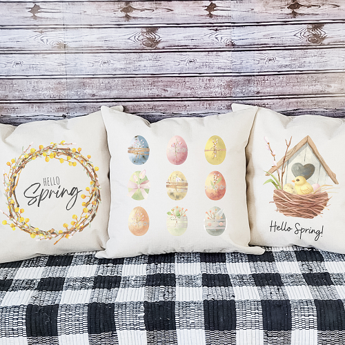 Botanical Eggs Pillow Cover featuring floral designs on a soft linen fabric, perfect for Spring decor.