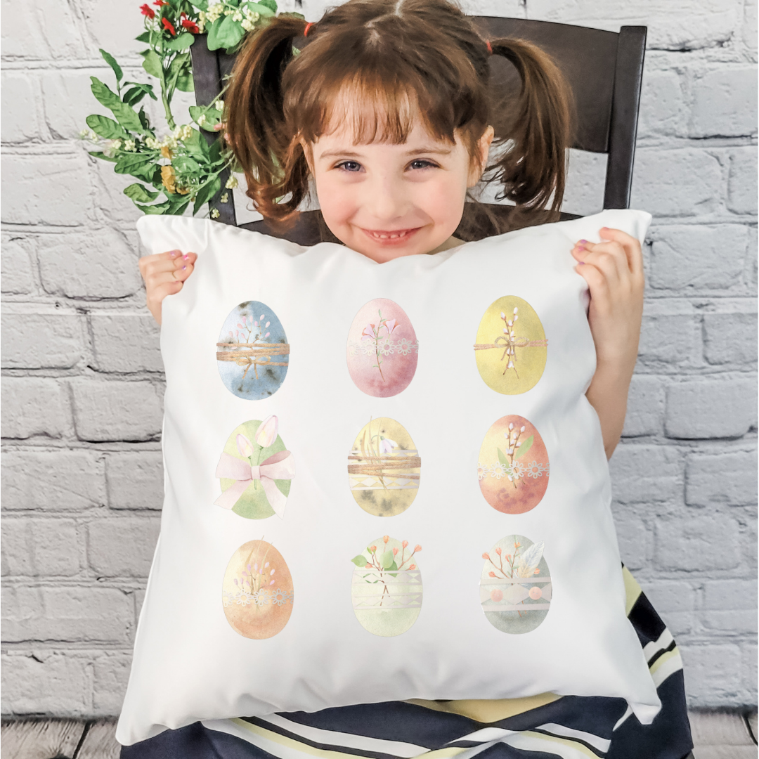 Botanical Eggs Pillow Cover featuring floral designs on a soft linen fabric, perfect for Spring decor.