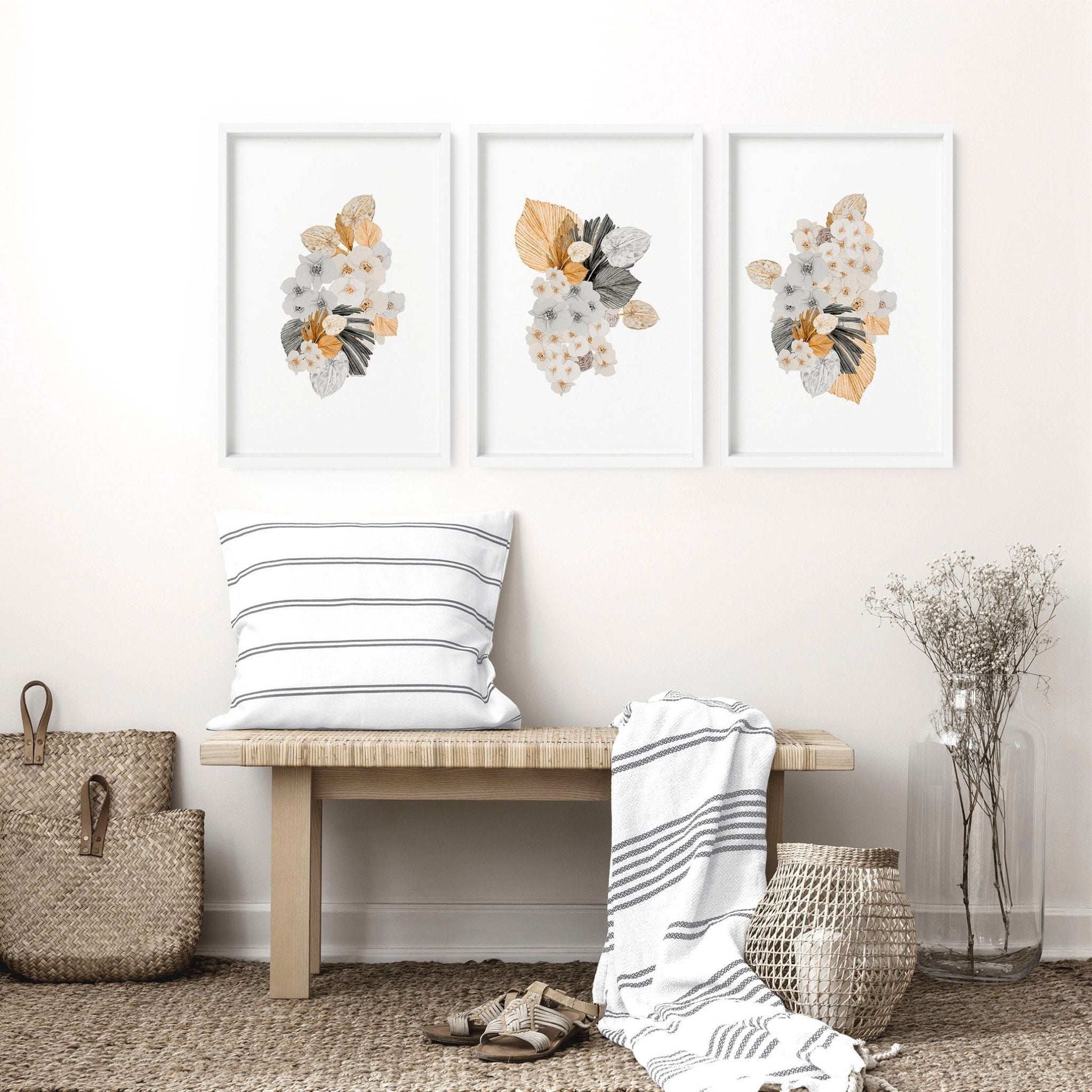 Set of 3 botanical illustration wall art prints featuring watercolor designs in peach and grey tones, perfect for farmhouse decor.