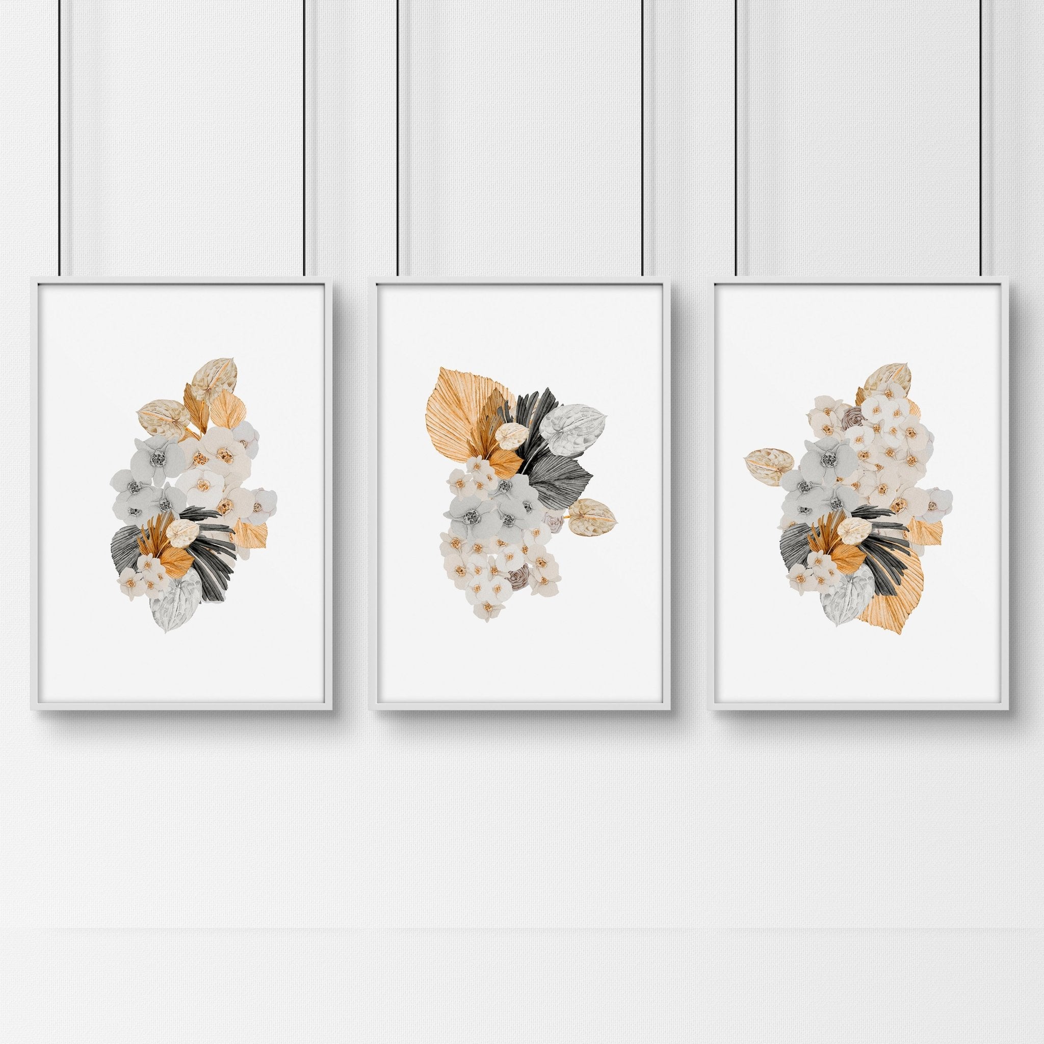 Set of 3 botanical illustration wall art prints featuring watercolor designs in peach and grey tones, perfect for farmhouse decor.