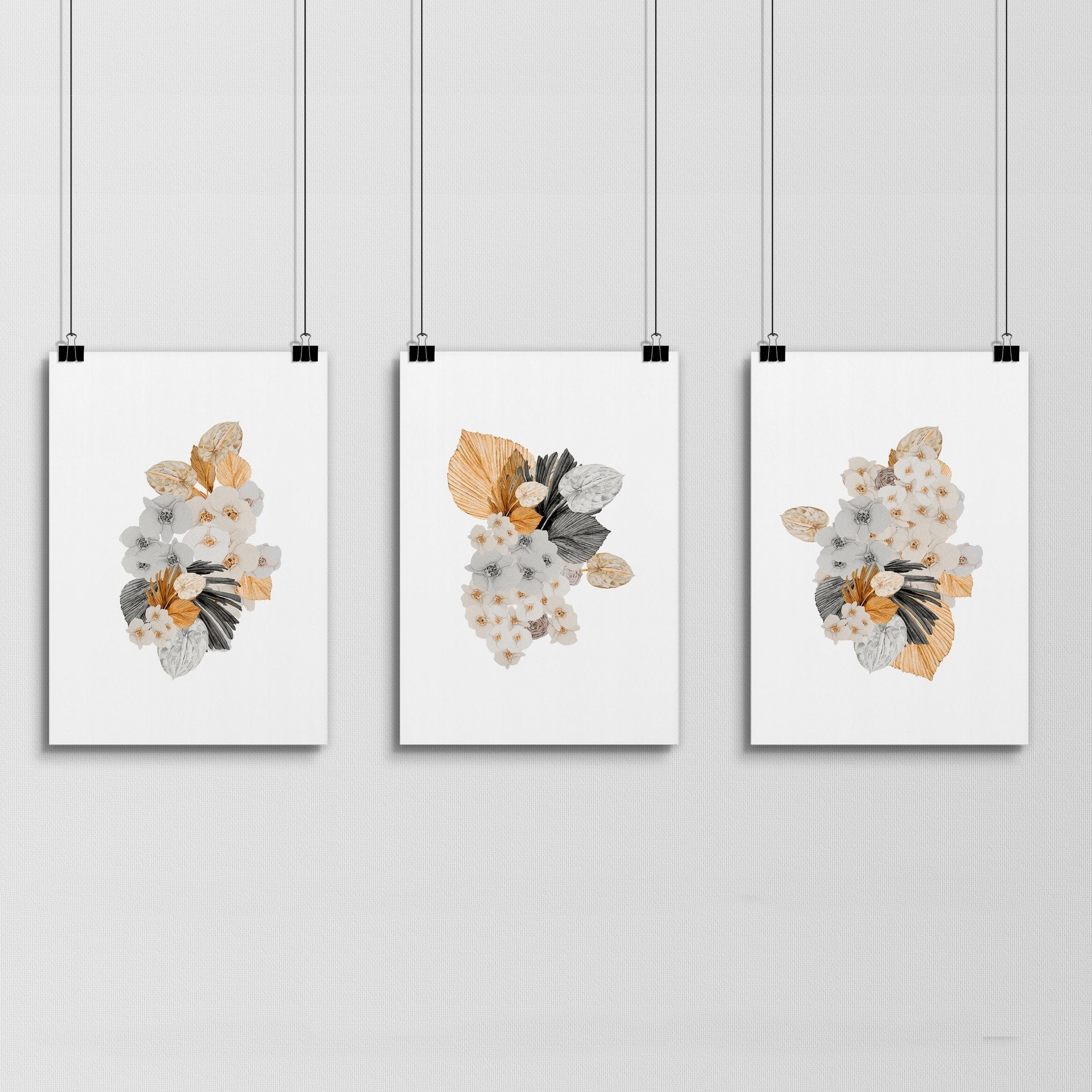 Set of 3 botanical illustration wall art prints featuring watercolor designs in peach and grey tones, perfect for farmhouse decor.