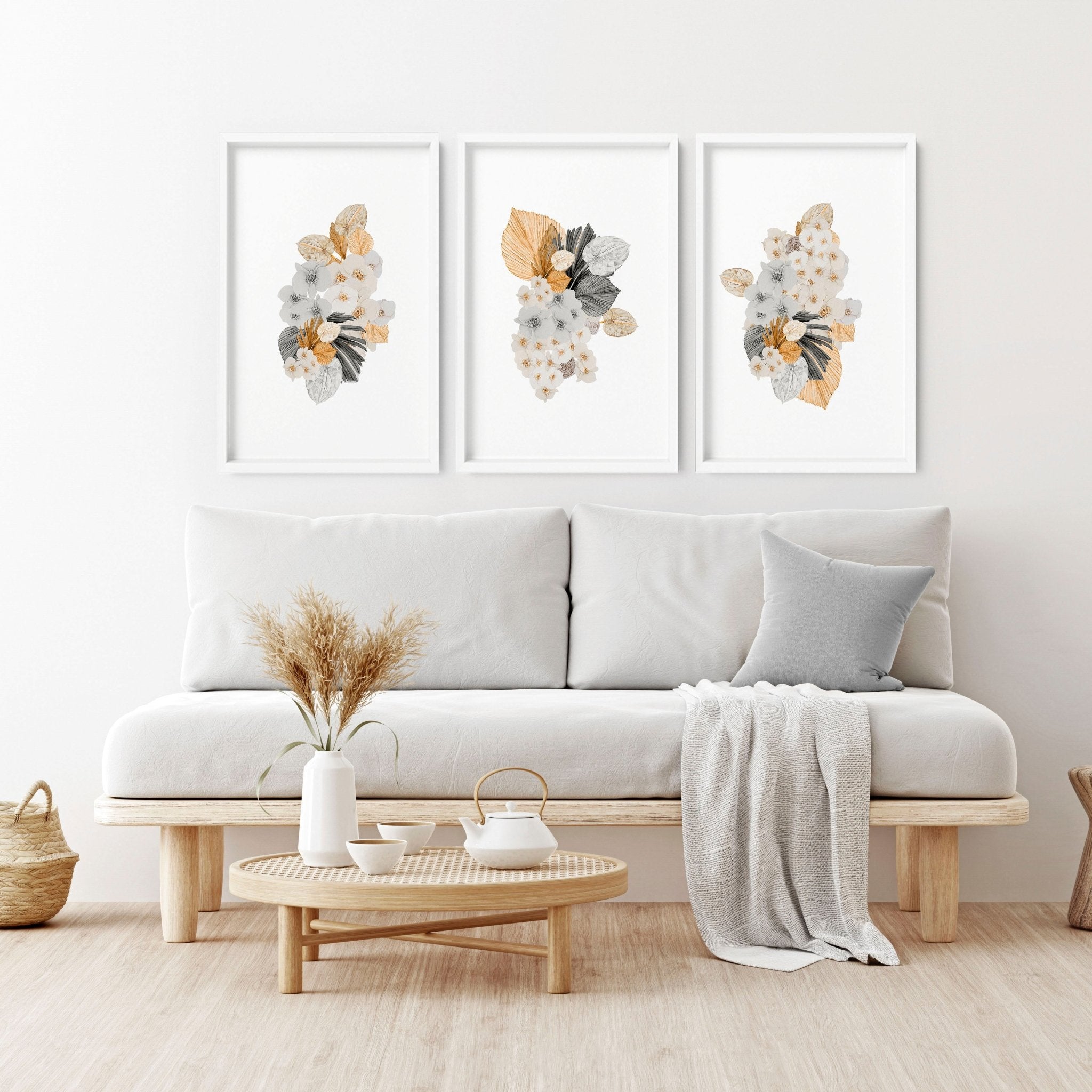 Set of 3 botanical illustration wall art prints featuring watercolor designs in peach and grey tones, perfect for farmhouse decor.