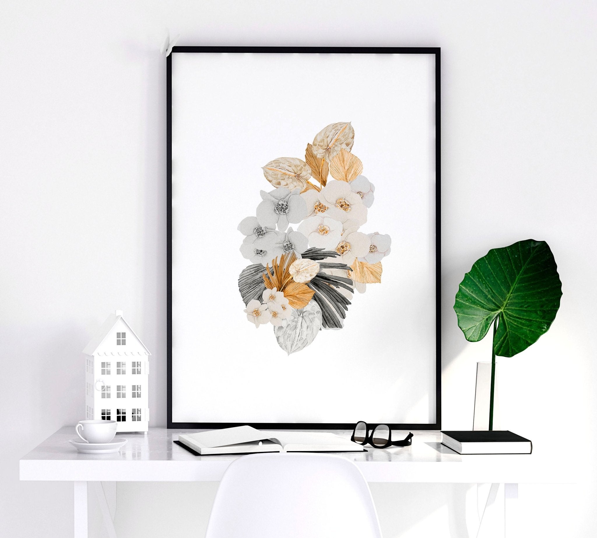 Set of 3 botanical illustration wall art prints featuring watercolor designs in peach and grey tones, perfect for farmhouse decor.