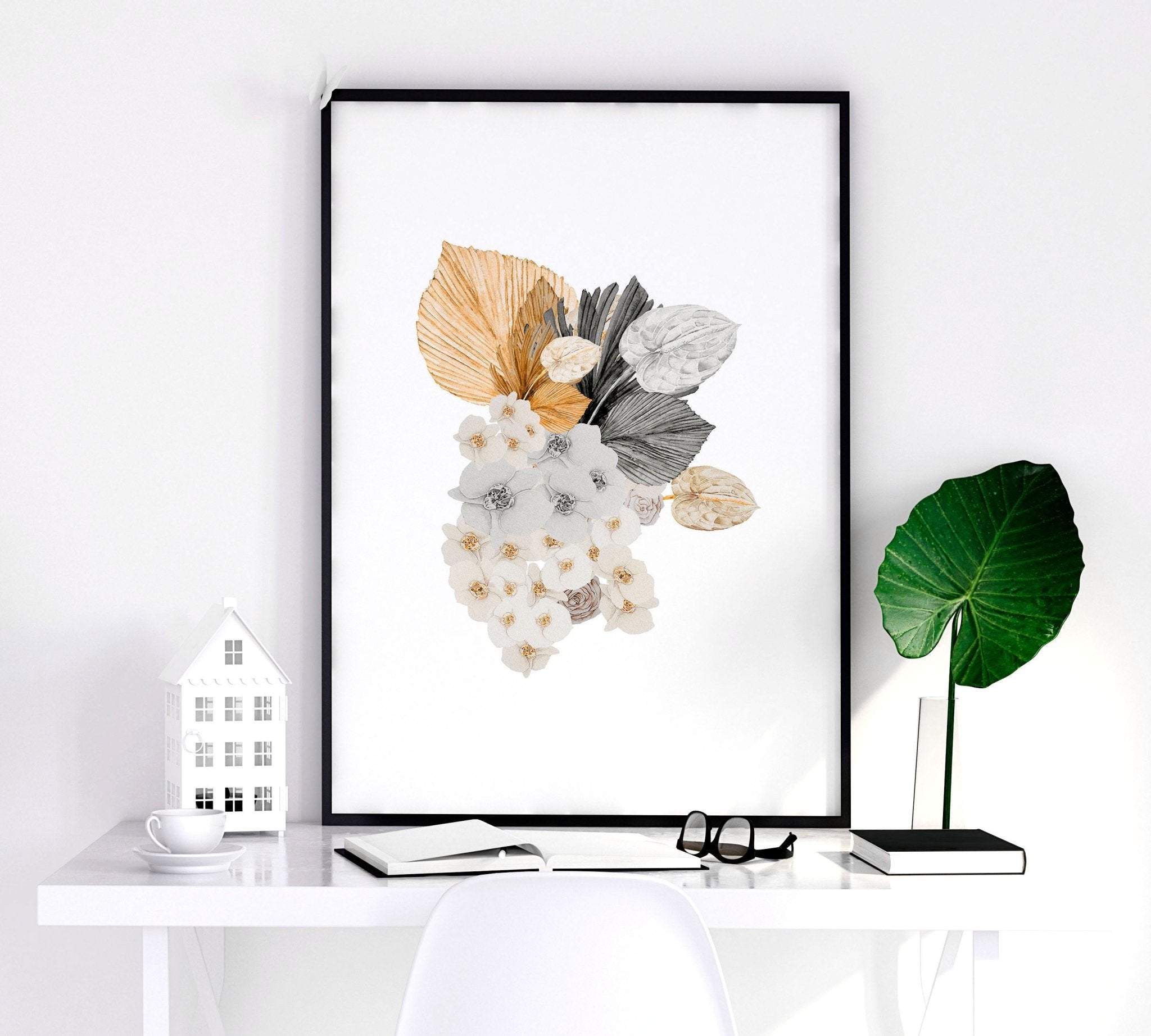 Set of 3 botanical illustration wall art prints featuring watercolor designs in peach and grey tones, perfect for farmhouse decor.