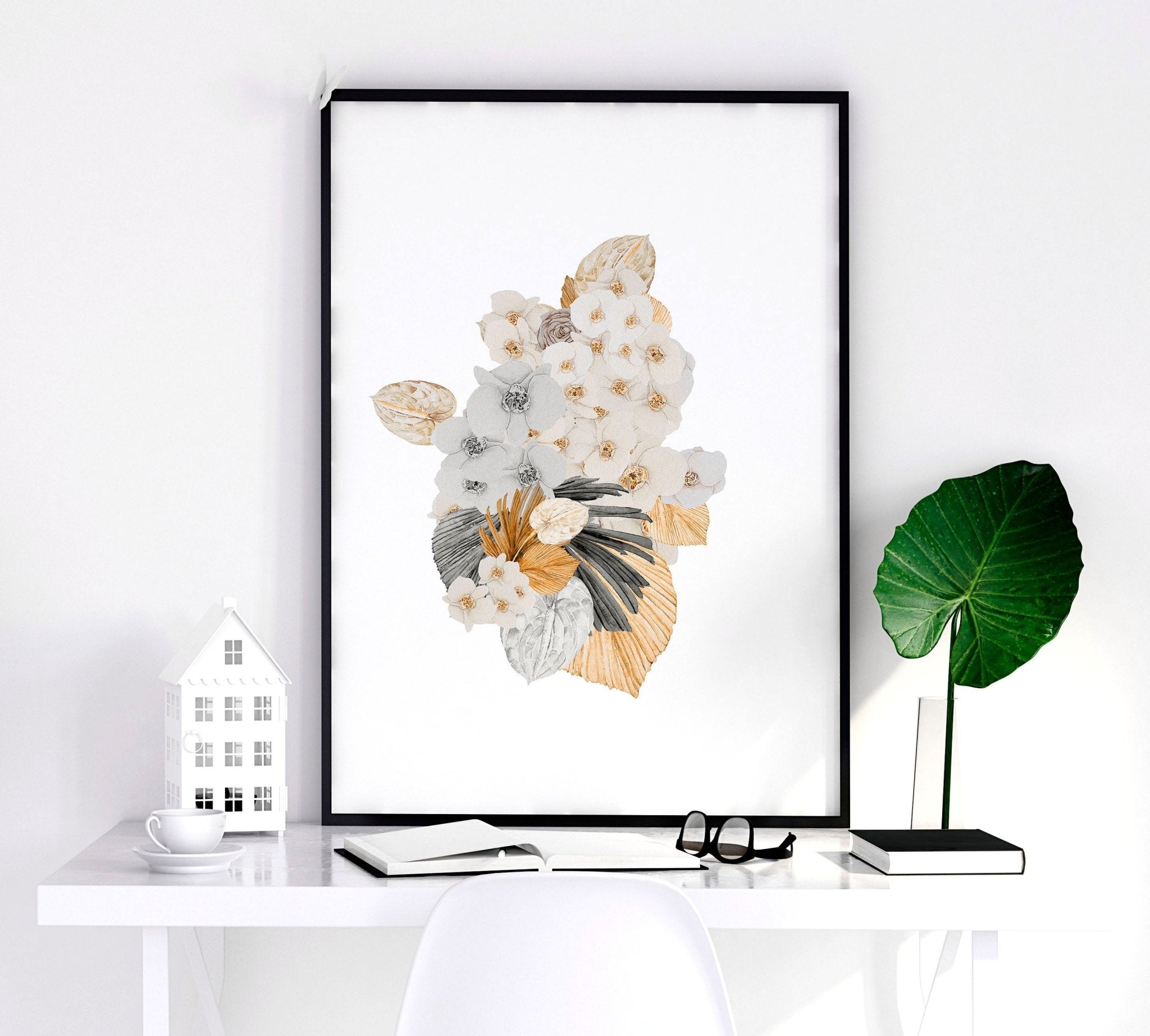 Set of 3 botanical illustration wall art prints featuring watercolor designs in peach and grey tones, perfect for farmhouse decor.