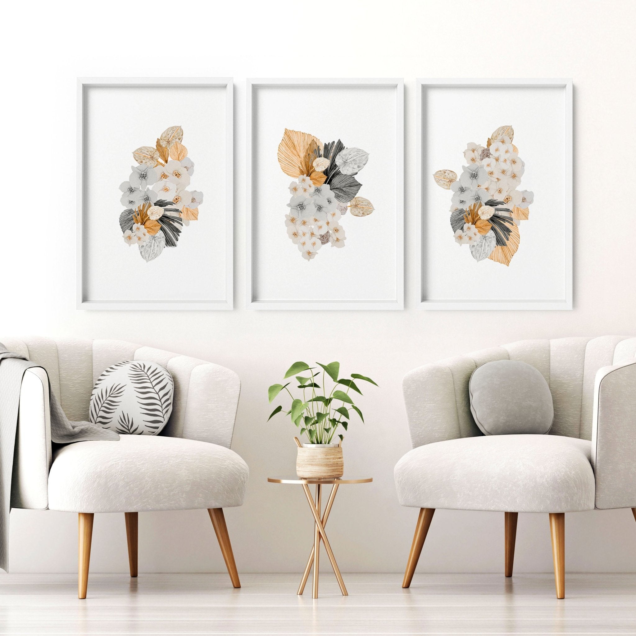 Set of 3 botanical illustration wall art prints featuring watercolor designs in peach and grey tones, perfect for farmhouse decor.