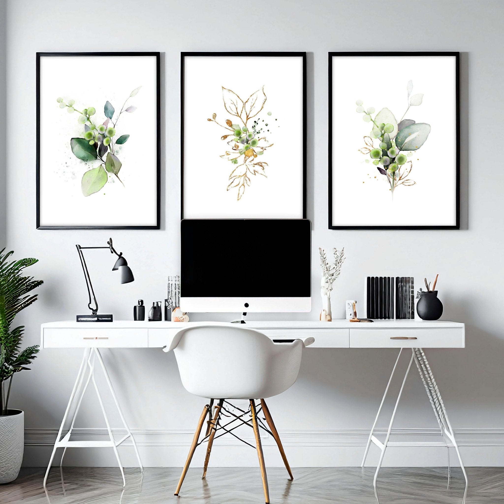 Set of 3 framed botanical print wall art featuring vibrant green hues, perfect for home office decor.