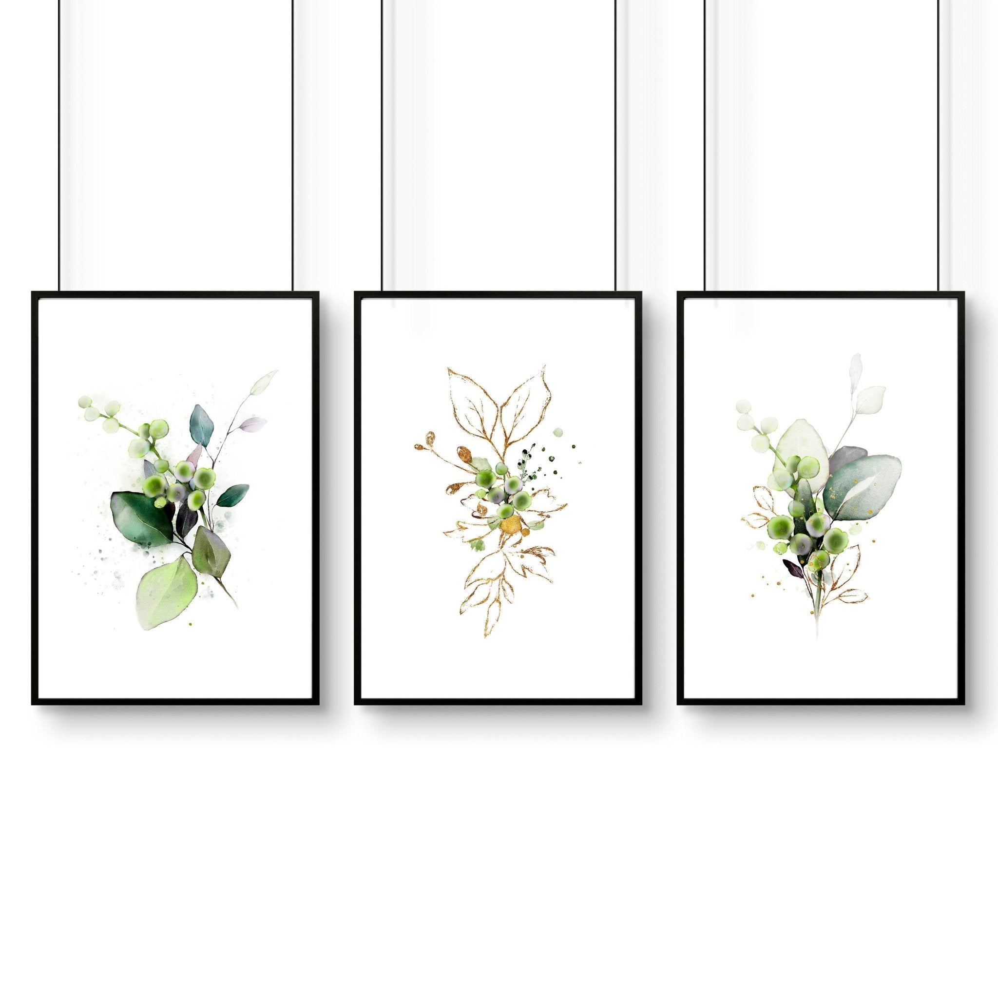 Set of 3 framed botanical print wall art featuring vibrant green hues, perfect for home office decor.