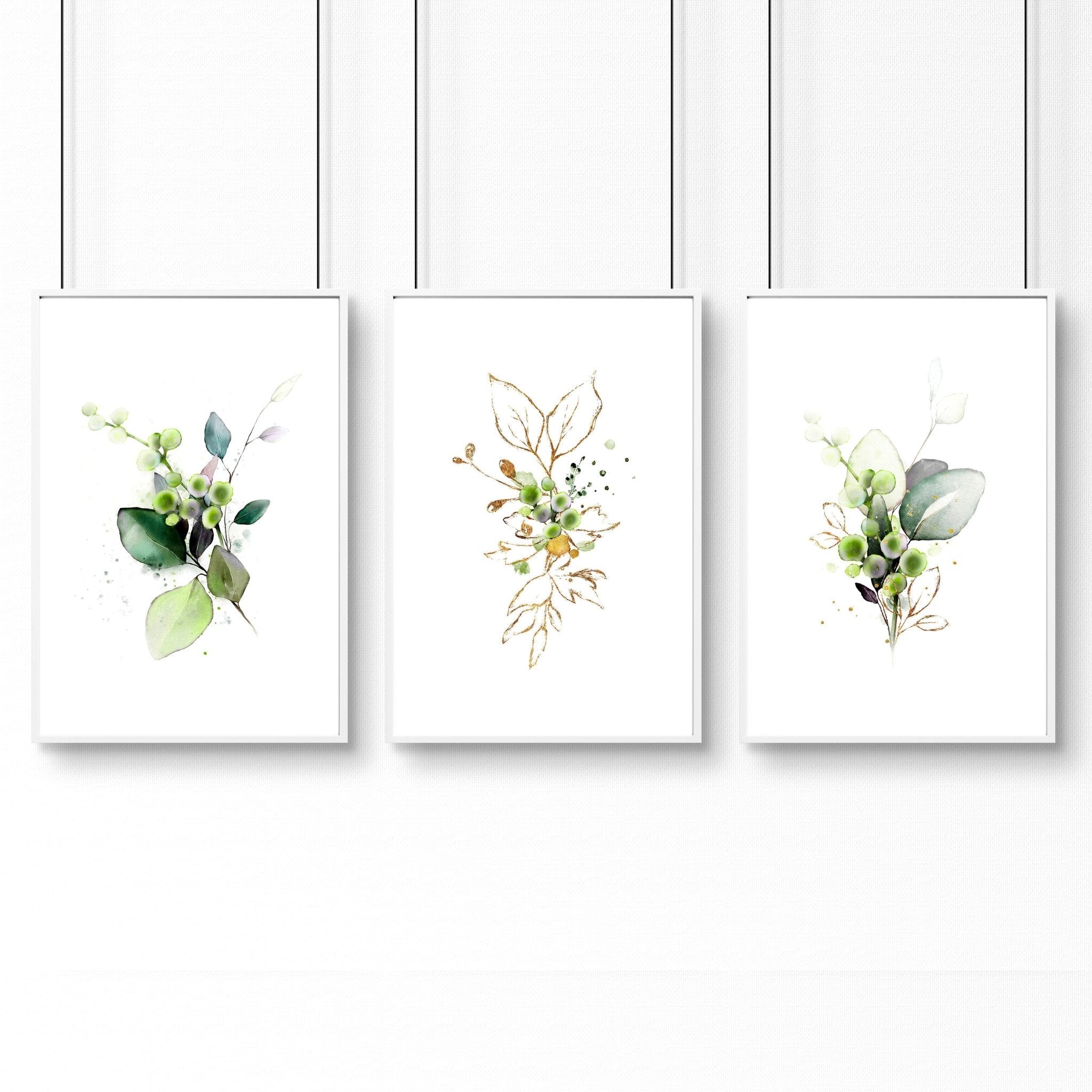 Set of 3 framed botanical print wall art featuring vibrant green hues, perfect for home office decor.