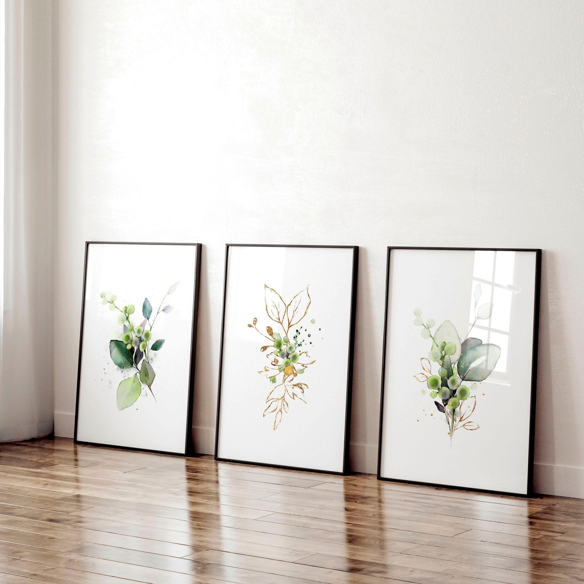 Set of 3 framed botanical print wall art featuring vibrant green hues, perfect for home office decor.