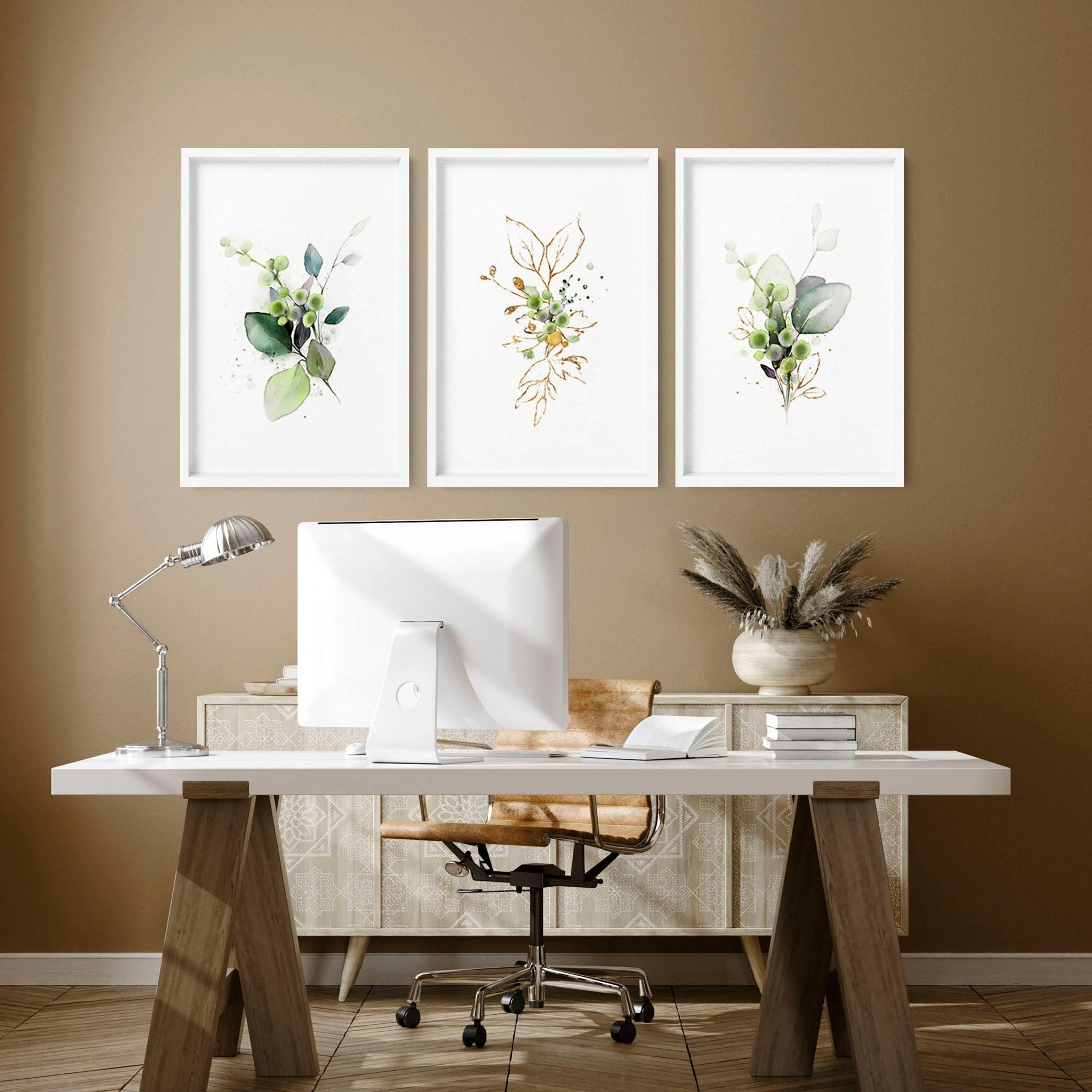 Set of 3 framed botanical print wall art featuring vibrant green hues, perfect for home office decor.