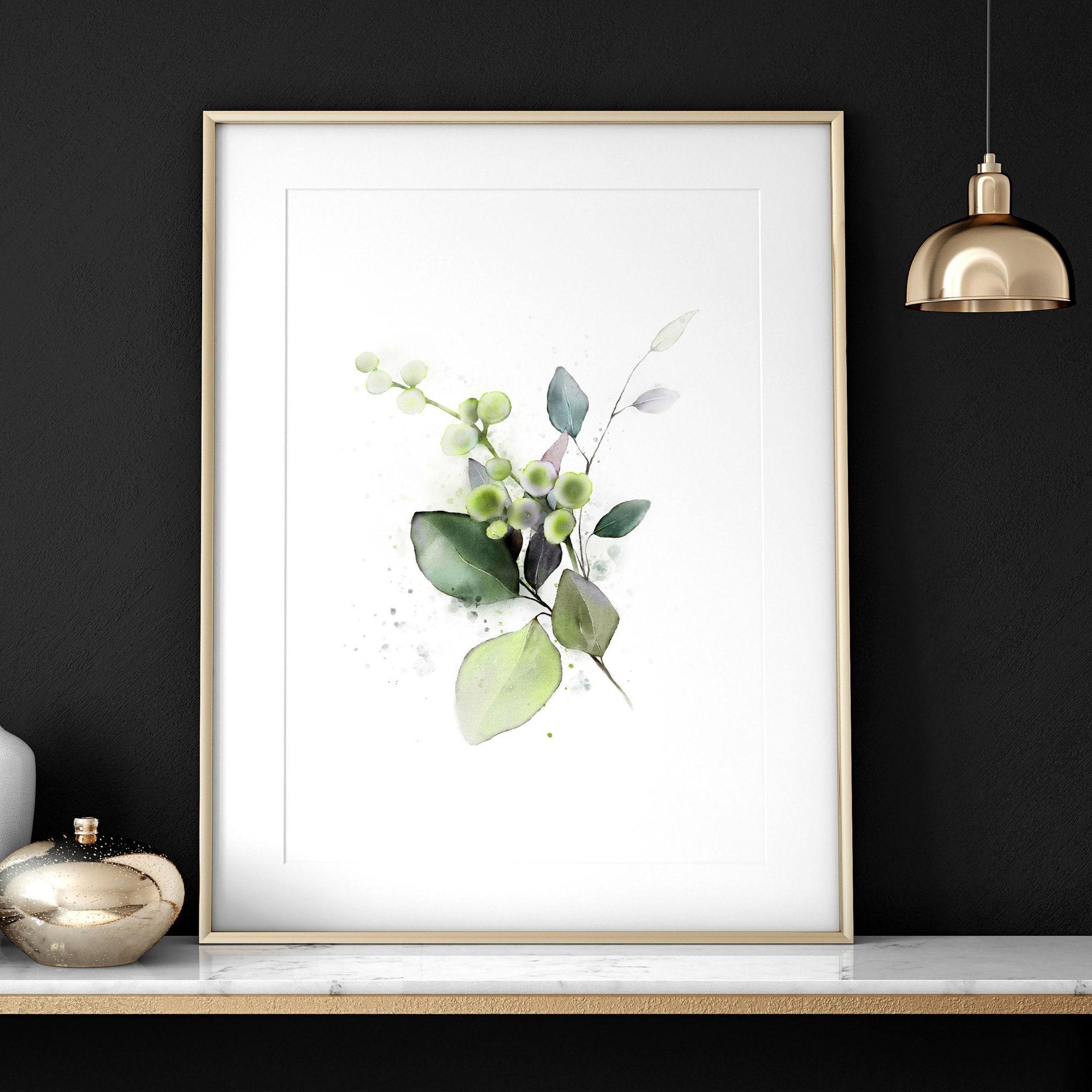 Set of 3 framed botanical print wall art featuring vibrant green hues, perfect for home office decor.