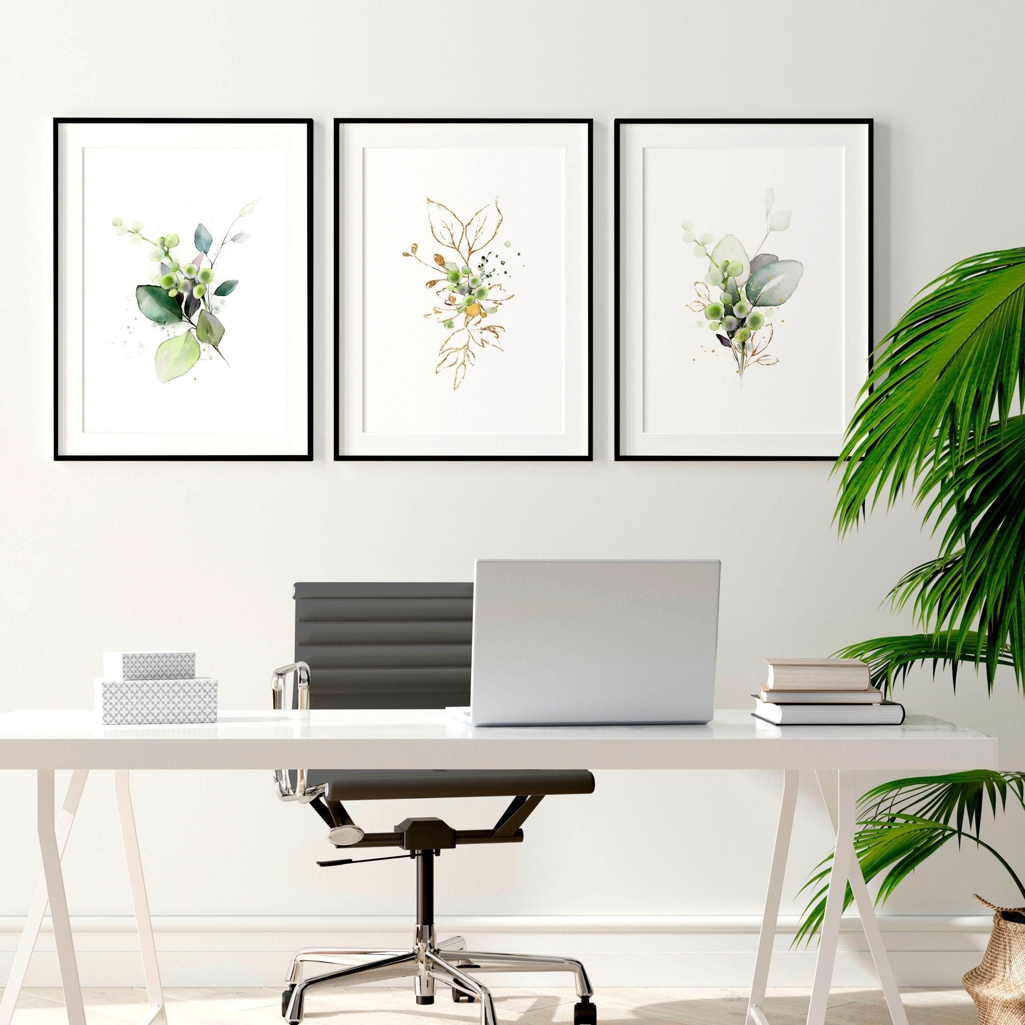 Set of 3 framed botanical print wall art featuring vibrant green hues, perfect for home office decor.