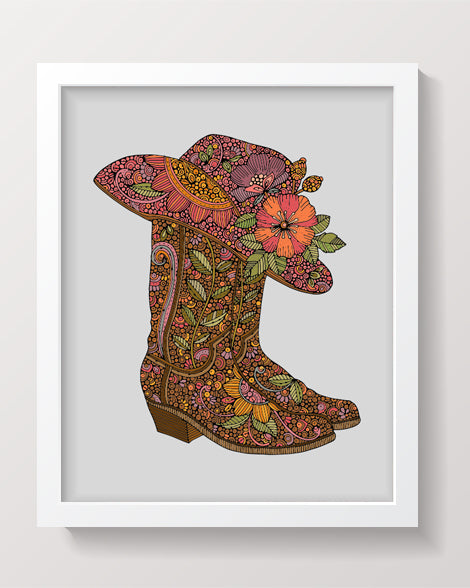 Archival art print featuring boots and hat in vibrant colors, ready to frame.